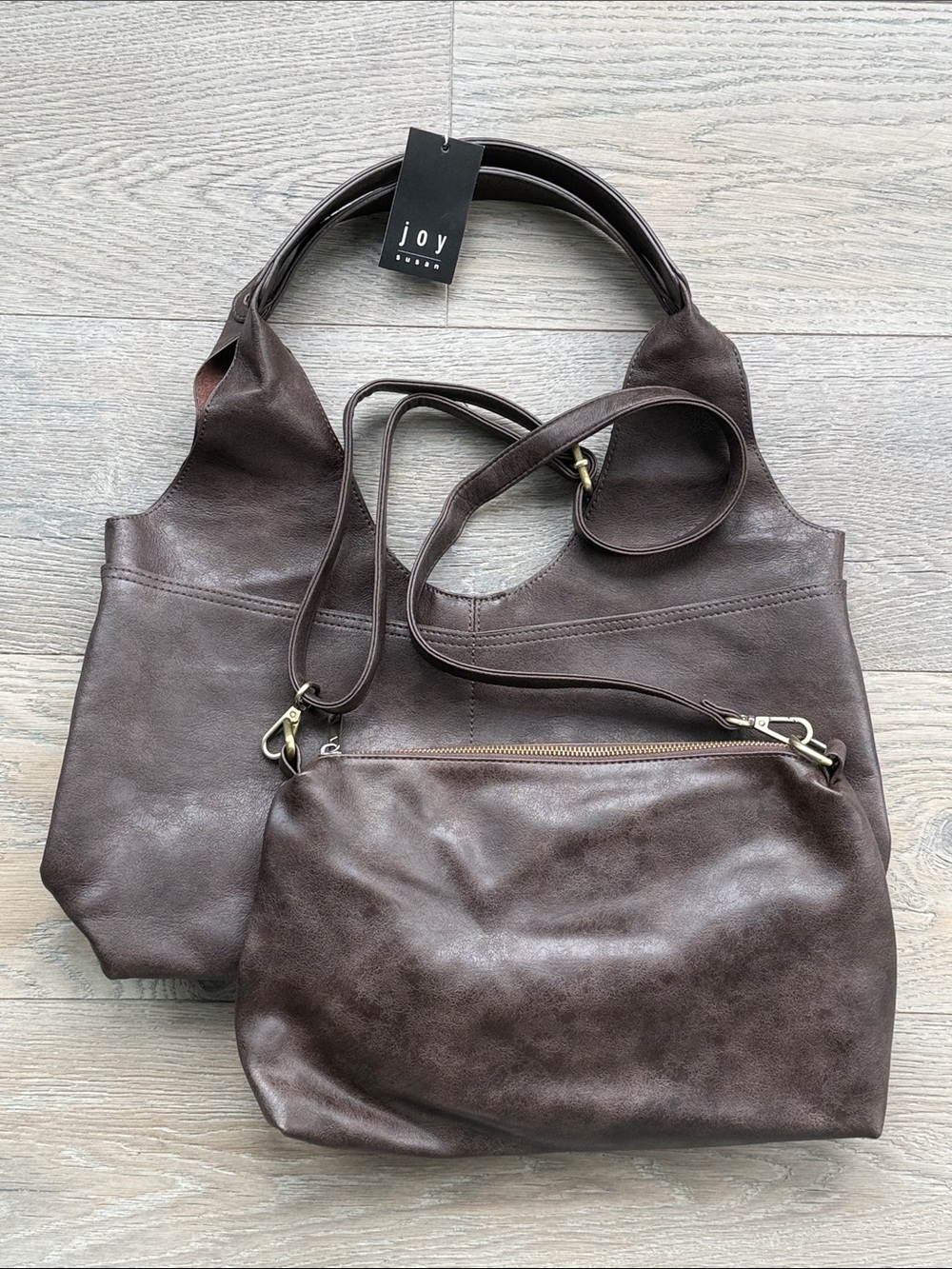 Joy Susan 2-in-1 Brown Vegan Leather Hobo Tote Bag Removable Clutch/ Crossbody - Picture 2 of 16